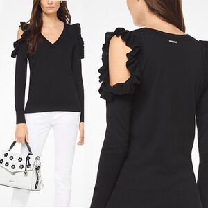 Michael Kors Black Off the Shoulder Ruffle V Neck Sweater